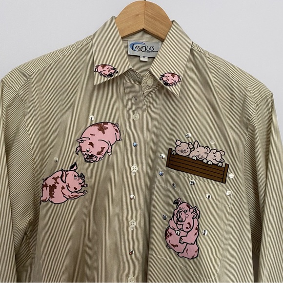 Las Olas Pigs Piggies Patches Button Down Shirt Women Small Tan Stripes‎ - Picture 3 of 10
